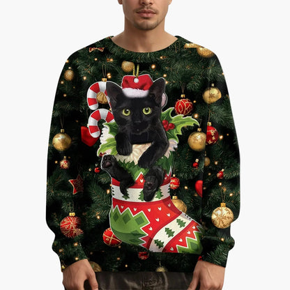 Sweat-shirt de Noël homme motif chat avec pull tricoté – Style festif et original