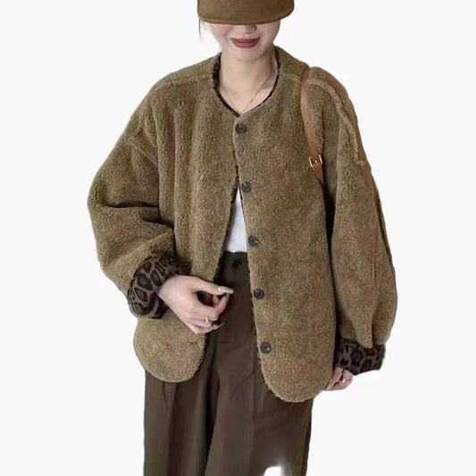 Veste femme style décontracté oversize avec boutons et motif léopard aux poignets