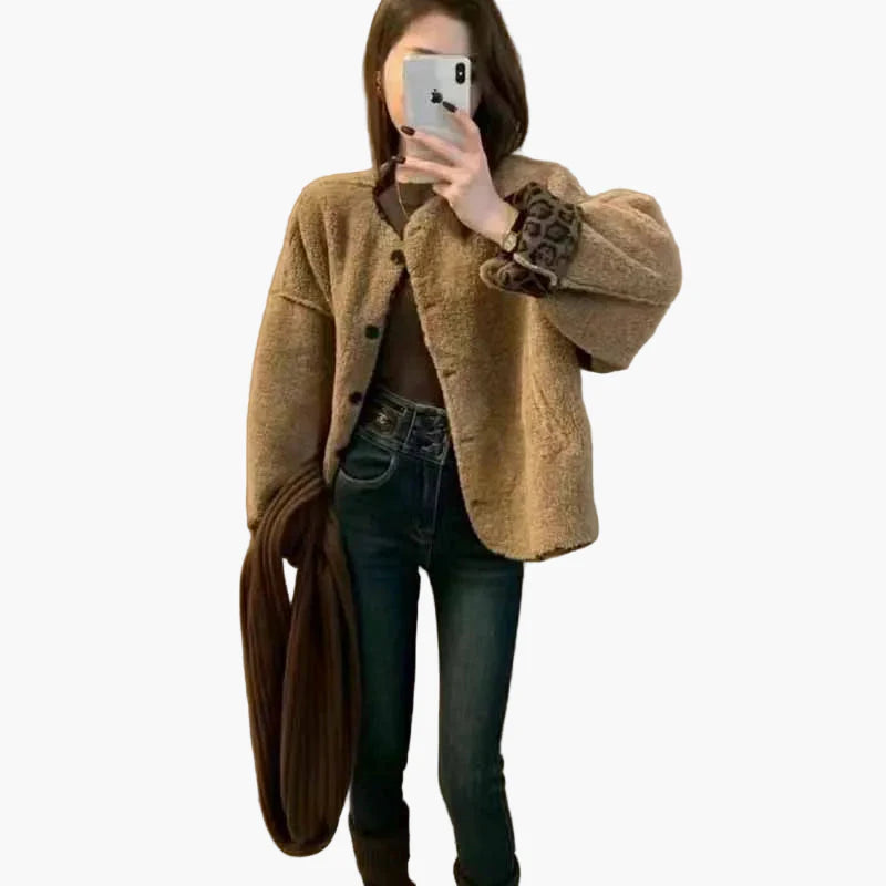 Veste femme style décontracté oversize avec boutons et motif léopard aux poignets