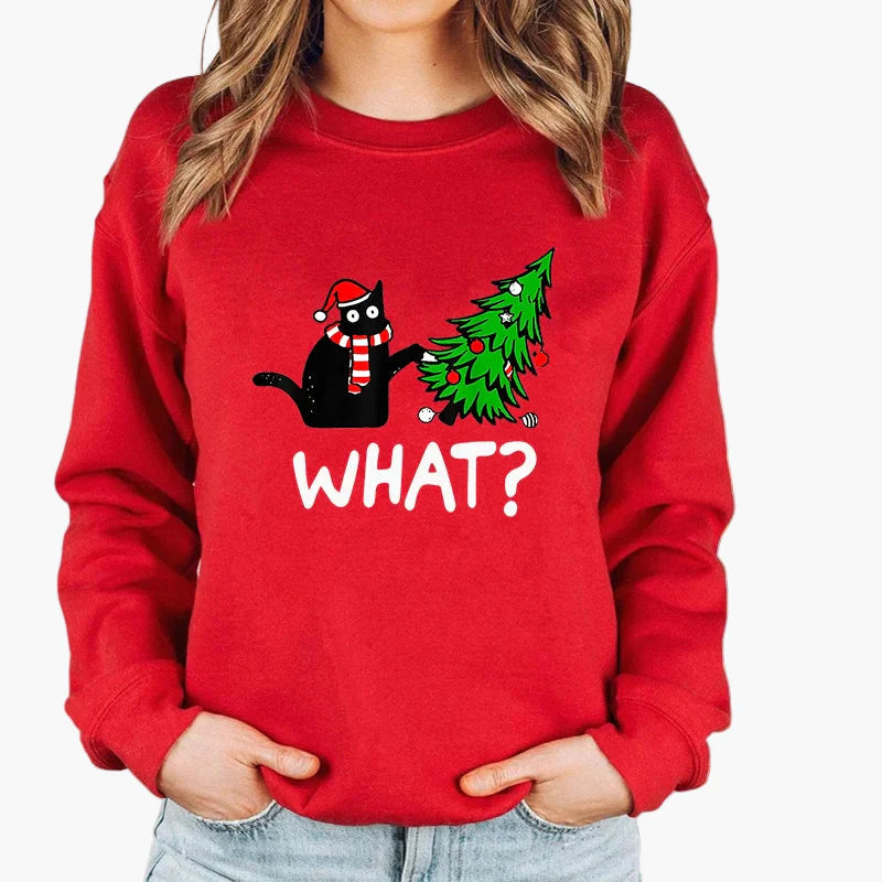 Sweatshirt Femme Style Noël avec Chat et Guirlandes Lumineuses – Idéal pour les Fêtes d’Hiver