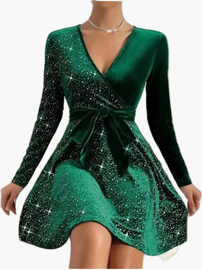 Robe de soirée femme élégante style patineuse à manches longues, effet pailleté, col cache-cœur, parfaite pour fêtes et événements