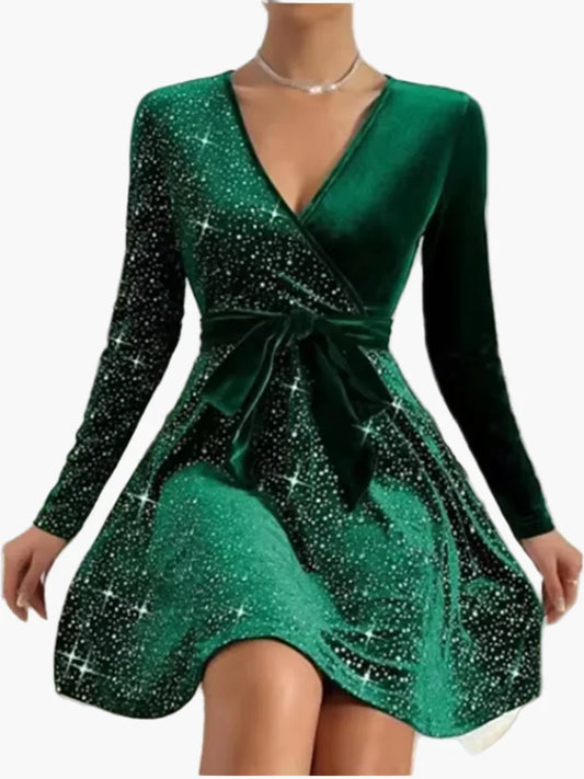 Robe de soirée femme élégante style patineuse à manches longues, effet pailleté, col cache-cœur, parfaite pour fêtes et événements