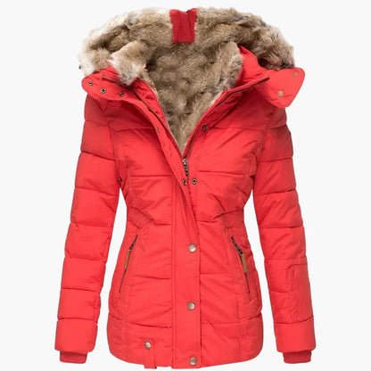 Manteau d'hiver femme à capuche style urbain élégant, coupe cintrée, col fourrure et fermeture zippée