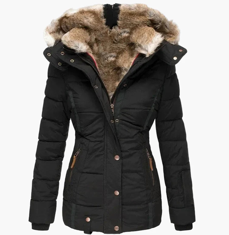Veste d'Hiver Femme Élégante à Capuche avec Fourrure – Coupe Cintrée et Style Urbain