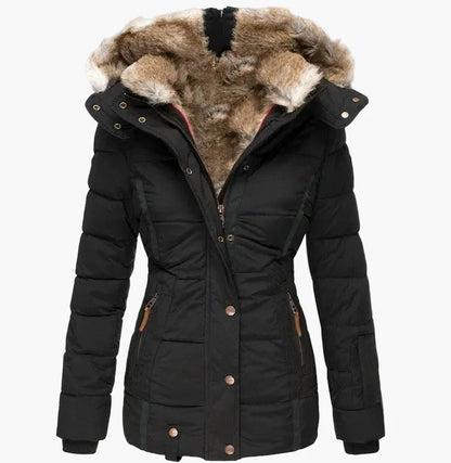 Veste d'Hiver Femme Élégante à Capuche avec Fourrure – Coupe Cintrée et Style Urbain
