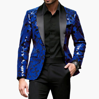 Veste de soirée homme style smoking à motifs brodés, idéale pour événements élégants et fêtes