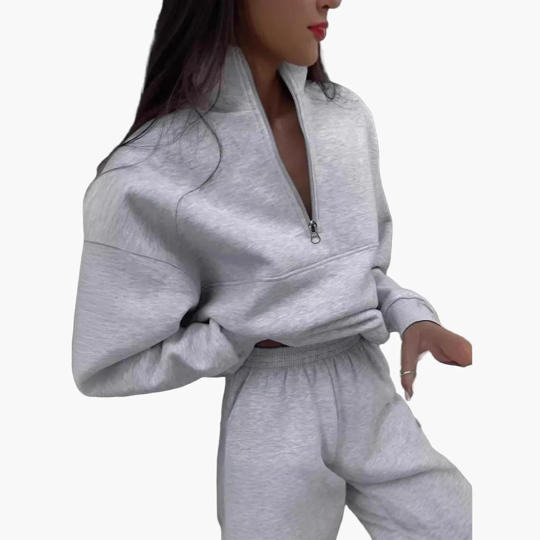 Ensemble de survêtement décontracté à col zippé pour femme - Style moderne et urbain