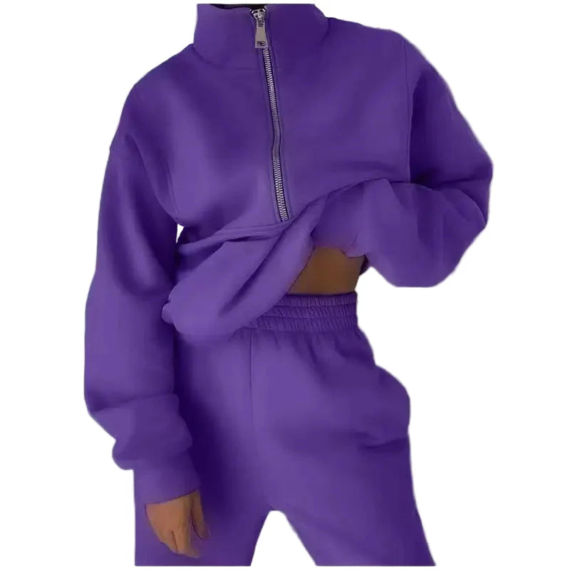 Ensemble Survêtement Femme Style Urbain Décontracté avec Col Zippé
