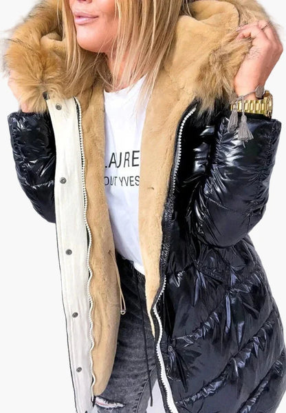 Manteau d'hiver épais style européen et américain pour femme – Capuche à fourrure, coupe longue, look moderne