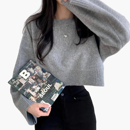 Pull court ample à manches longues pour femme, style décontracté moderne