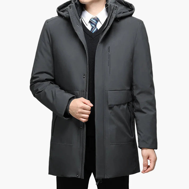 Manteau d'hiver homme élégant style business, veste longue à capuche pour usage professionnel et quotidien