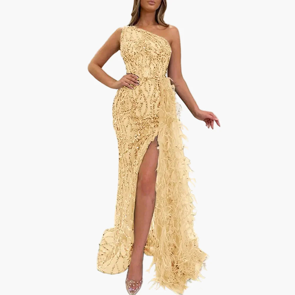 Robe de soirée longue femme à sequins style sirène fendue avec épaules asymétriques pour événements élégants