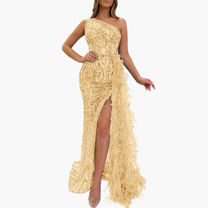 Robe de soirée longue femme à sequins style sirène fendue avec épaules asymétriques pour événements élégants