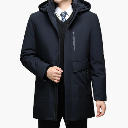 Manteau d'hiver homme élégant style business, veste longue à capuche pour usage professionnel et quotidien