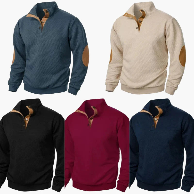 Sweat-shirt homme style décontracté à col montant avec coudières et boutons – Idéal pour un look élégant au quotidien