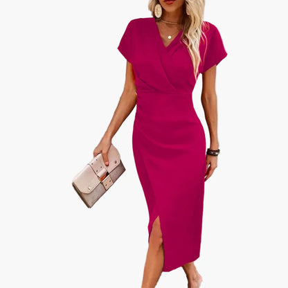 Vestito Midi Elegante a Maniche Corte da Donna Stile Incrociato Informale Ideale per Serata o Ufficio