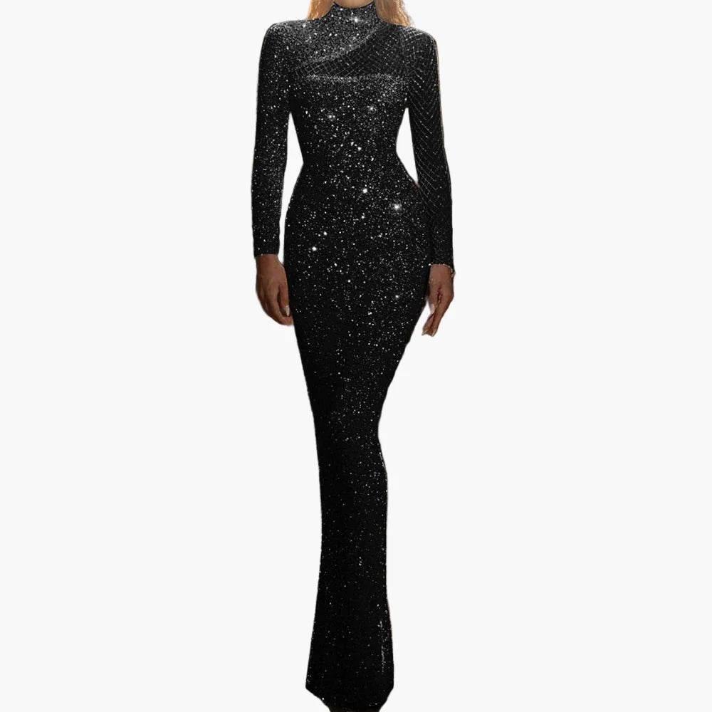 Robe de soirée longue femme élégante à paillettes, manches longues, style glamour pour occasions spéciales