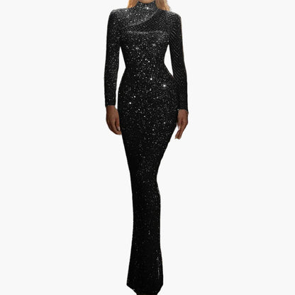 Robe de soirée longue femme élégante à paillettes, manches longues, style glamour pour occasions spéciales