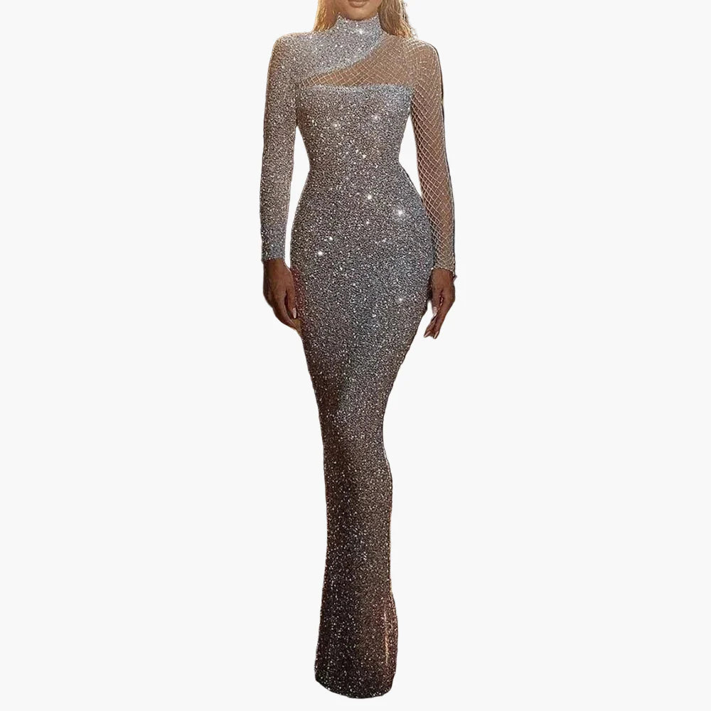 Robe de soirée longue femme élégante à paillettes, manches longues, style glamour pour occasions spéciales