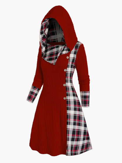 Robe pull à capuche femme style chic décontracté avec motif écossais pour automne hiver