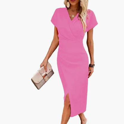 Vestito Midi Elegante a Maniche Corte da Donna Stile Incrociato Informale Ideale per Serata o Ufficio