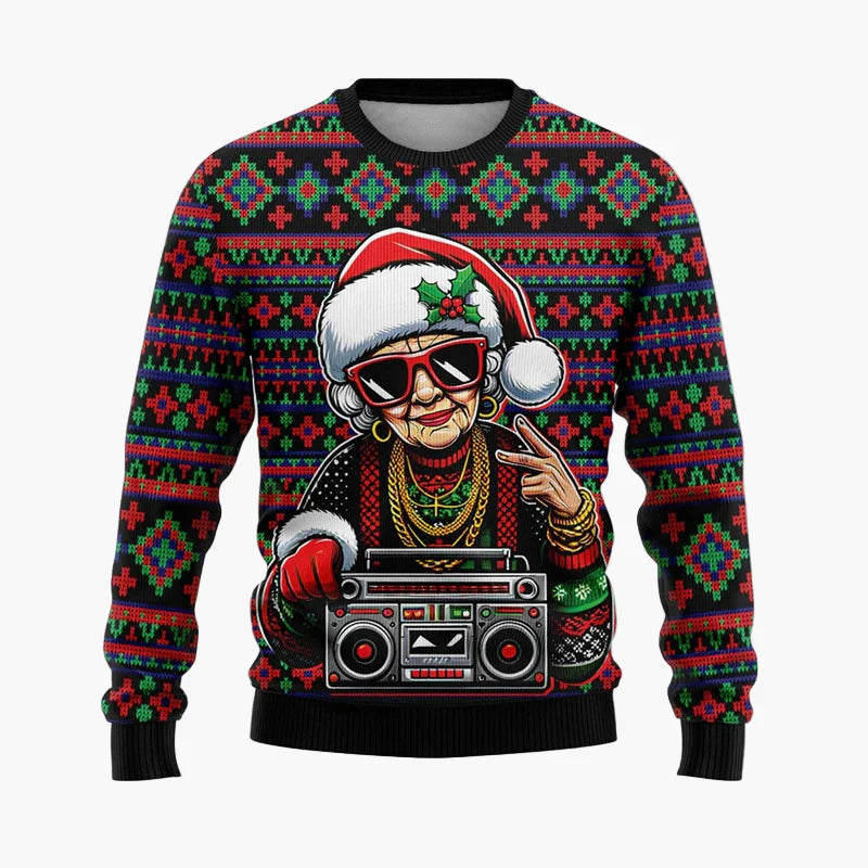 Pull de Noël homme style urbain festif avec Père Noël hip-hop – Idéal pour soirées et fêtes