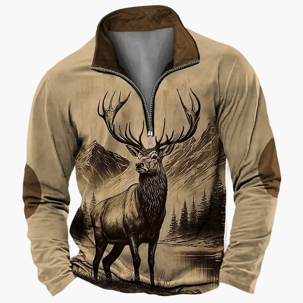 Sweat-shirt Homme Demi-zip Style Chasse Motif Cerf – Décontracté et Tendance