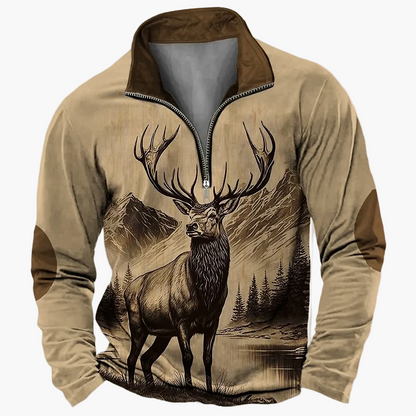Sweat-shirt Homme Demi-zip Style Chasse Motif Cerf – Décontracté et Tendance