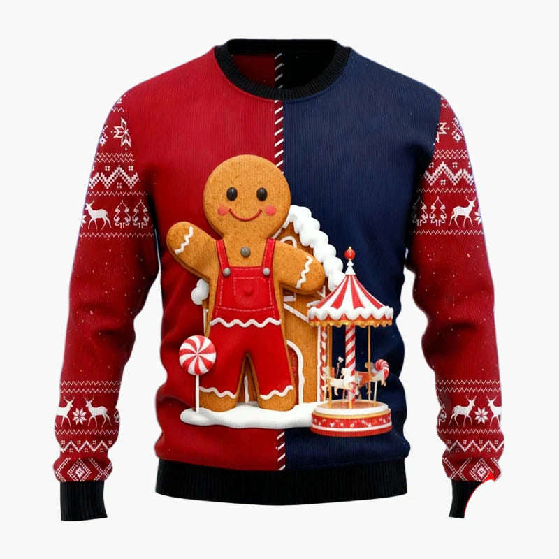 Pull de Noël homme style fun avec motifs pain d'épices et décorations festives pour fêtes