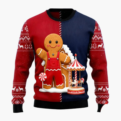 Pull de Noël homme style fun avec motifs pain d'épices et décorations festives pour fêtes