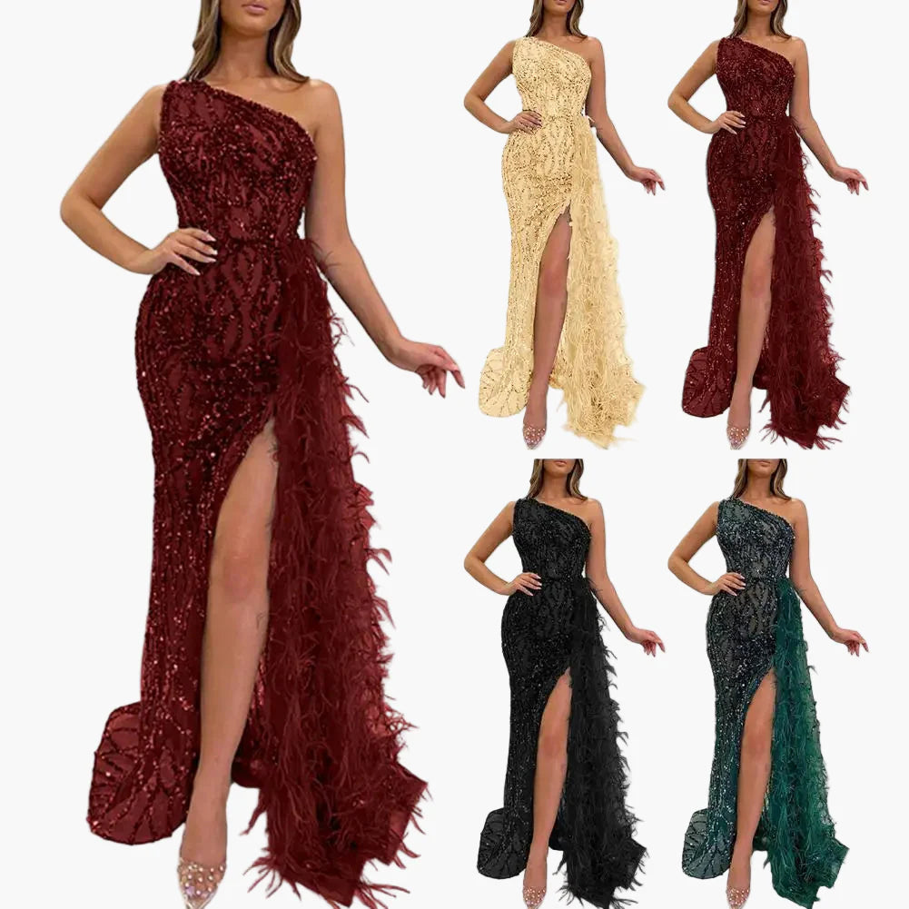 Robe de soirée longue femme à sequins style sirène fendue avec épaules asymétriques pour événements élégants