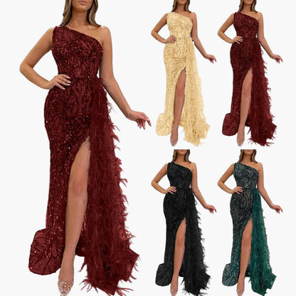 Robe de soirée longue femme à sequins style sirène fendue avec épaules asymétriques pour événements élégants