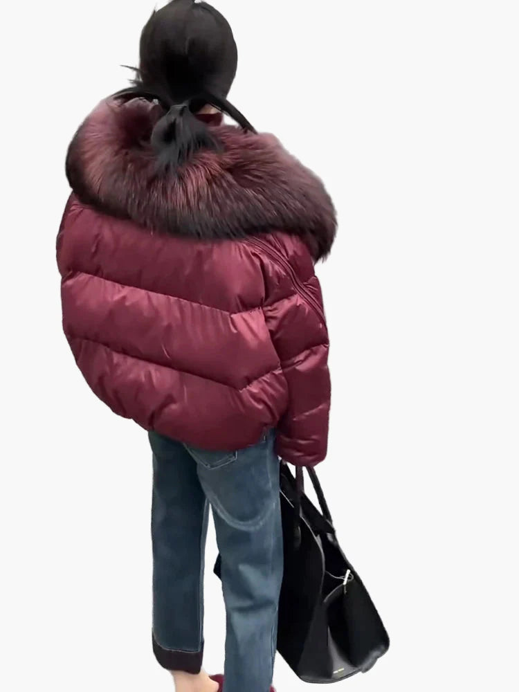 Veste doudoune femme style urbain avec col fourrure, coupe décontractée, idéale hiver