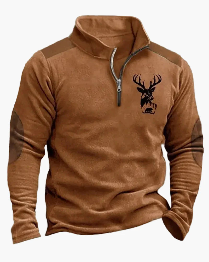Sweat-shirt Homme Demi-zip Style Chasse Motif Cerf – Décontracté et Tendance