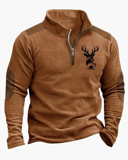 Sweat-shirt Homme Demi-zip Style Chasse Motif Cerf – Décontracté et Tendance