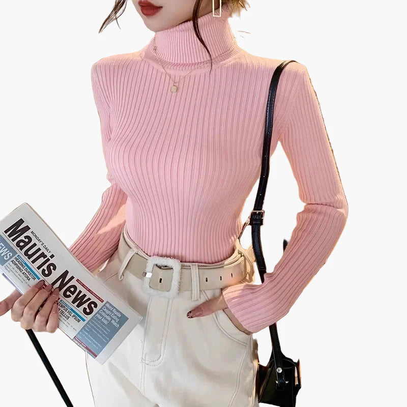 Pull col roulé côtelé à manches longues pour femme - Style élégant et polyvalent