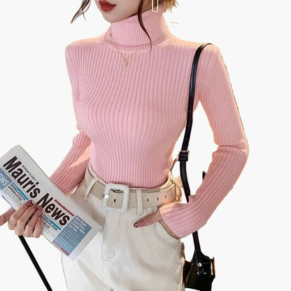 Pull col roulé côtelé à manches longues pour femme - Style élégant et polyvalent