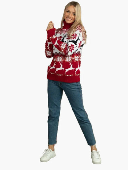Pull de Noël à Col Montant pour Femme – Motifs Cerfs et Flocons, Style Hiver Festif