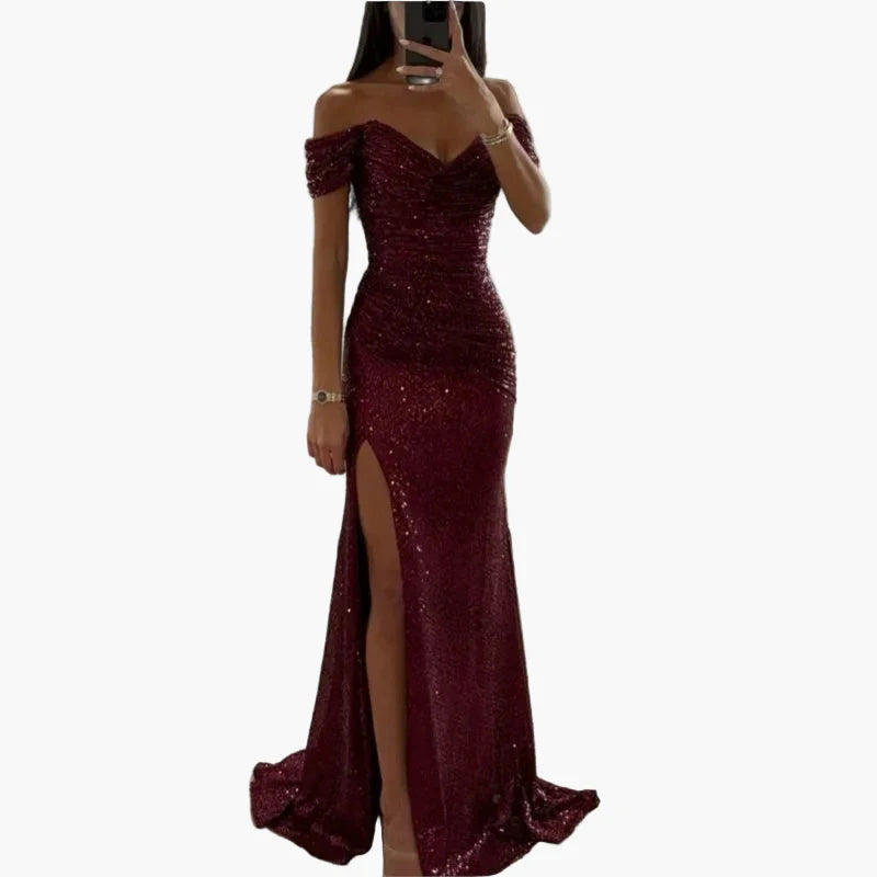 Robe de soirée longue femme fendue épaules dénudées style glamour pour bal ou cérémonie