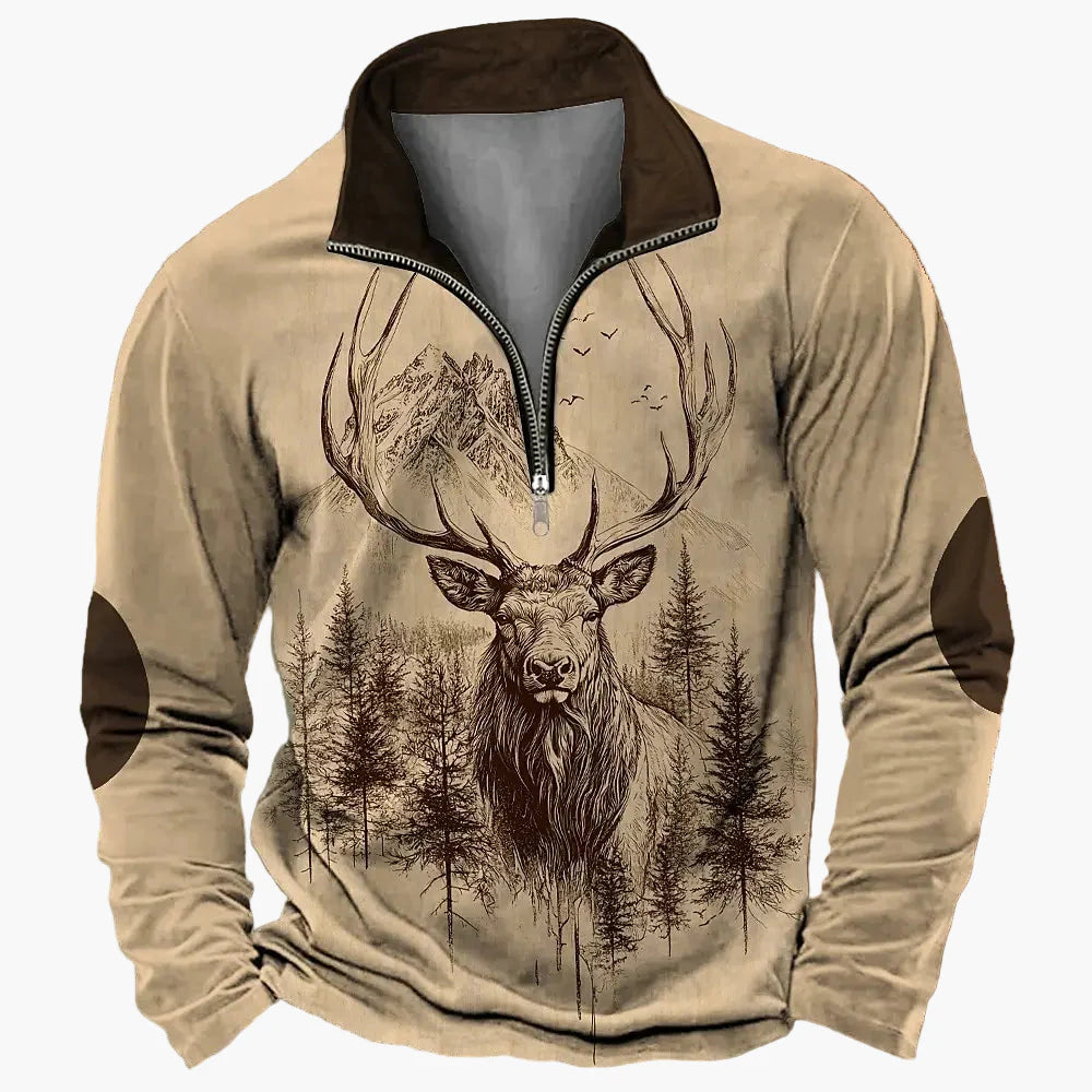 Sweat-shirt Homme Demi-zip Style Chasse Motif Cerf – Décontracté et Tendance