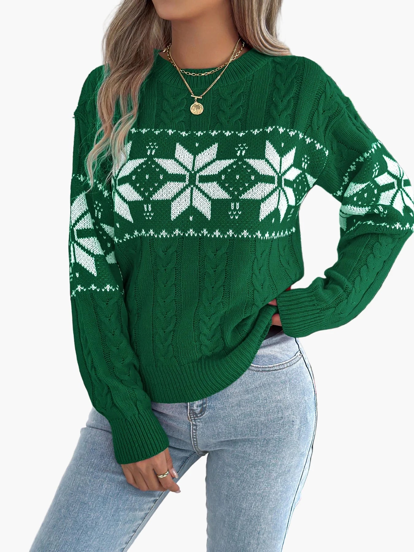 Pull de Noël femme style nordique à motif flocon, idéal pour l'hiver et les fêtes