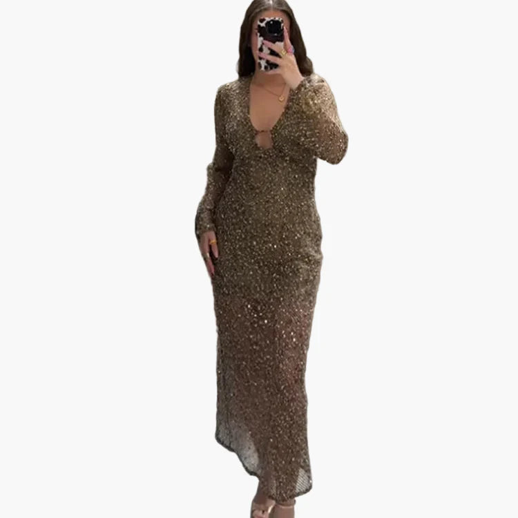 Robe de soirée femme élégante à sequins, style glamour, décolleté plongeant