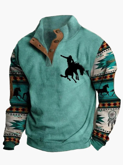 Sweat-shirt homme style western vintage à imprimé cow-boy, col montant, manches longues – Idéal pour l’hiver et les loisirs