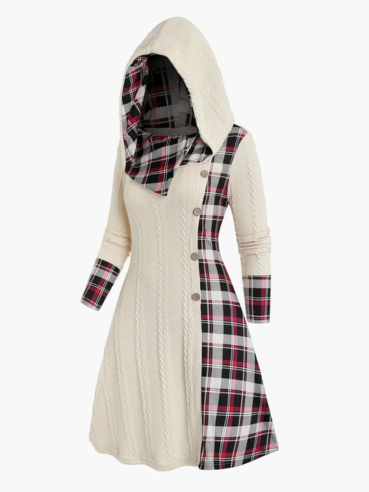 Robe pull à capuche femme style chic décontracté avec motif écossais pour automne hiver
