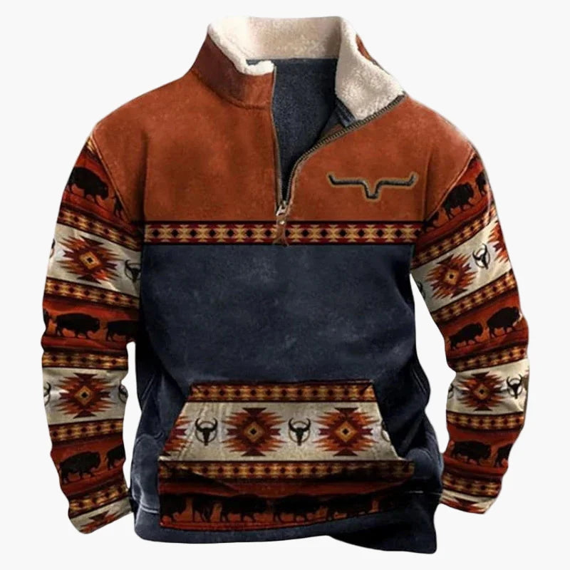 Sweat-shirt polaire homme style western à col zippé – Motifs ethniques et bisons