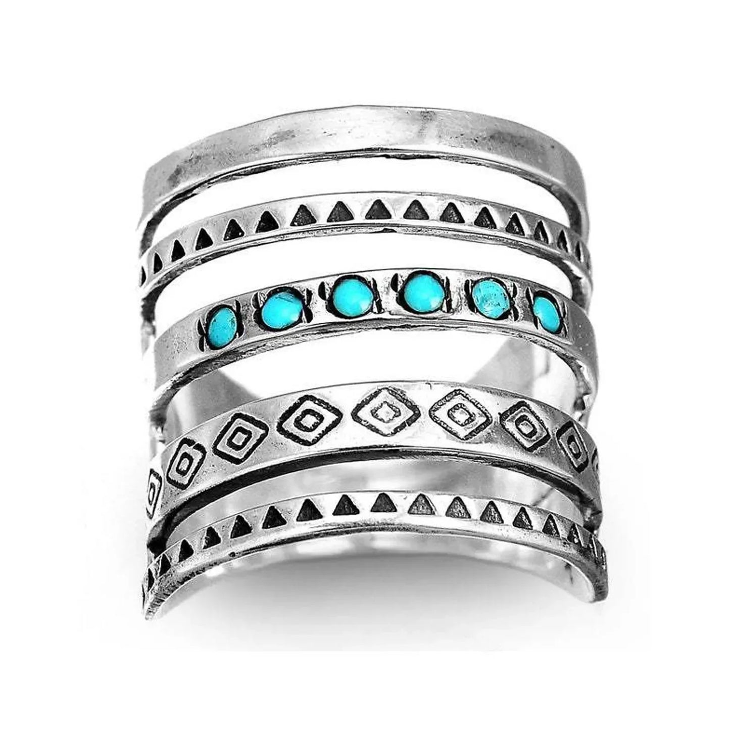 Robyn – Bague Bohème Multi-Bandes avec Accents Turquoise – Design Ethnique Vintage