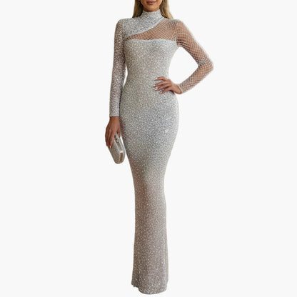 Robe de soirée longue femme élégante à paillettes, manches longues, style glamour pour occasions spéciales