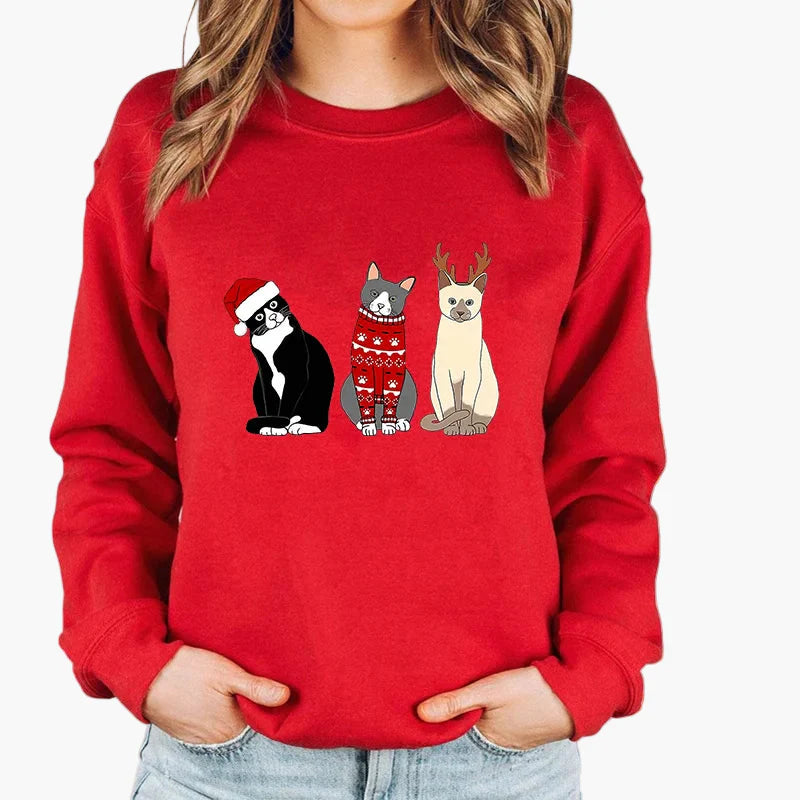 Sweatshirt Femme Style Noël avec Chat et Guirlandes Lumineuses – Idéal pour les Fêtes d’Hiver