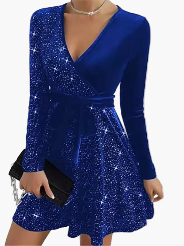 Robe de soirée femme élégante style patineuse à manches longues, effet pailleté, col cache-cœur, parfaite pour fêtes et événements