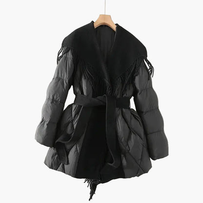 Manteau d'hiver femme style coréen avec ceinture et franges, coupe ample, tendance urbaine